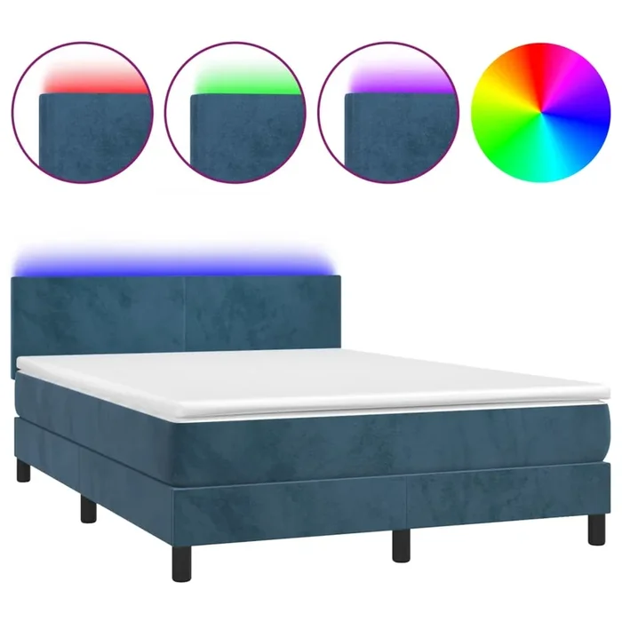 vidaXL Cama box spring colchón y LED terciopelo azul oscuro 140×190 cm