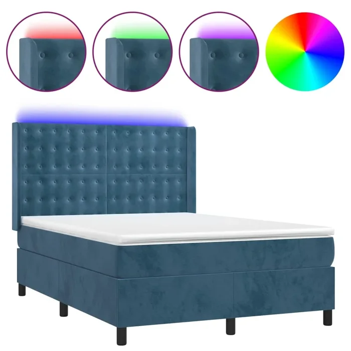 vidaXL Cama box spring colchón y LED terciopelo azul oscuro 140×200 cm (6)