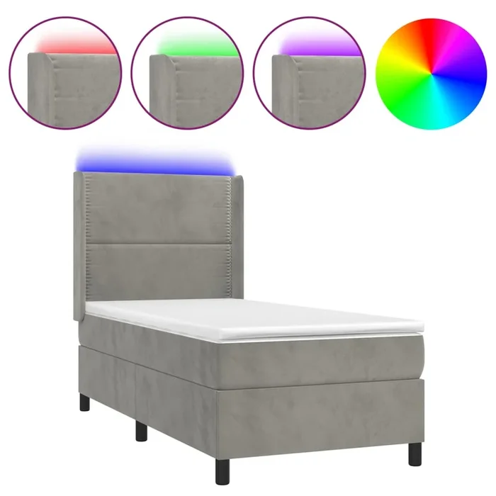 vidaXL Cama box spring colchón y LED terciopelo gris claro 90×200 cm (7)