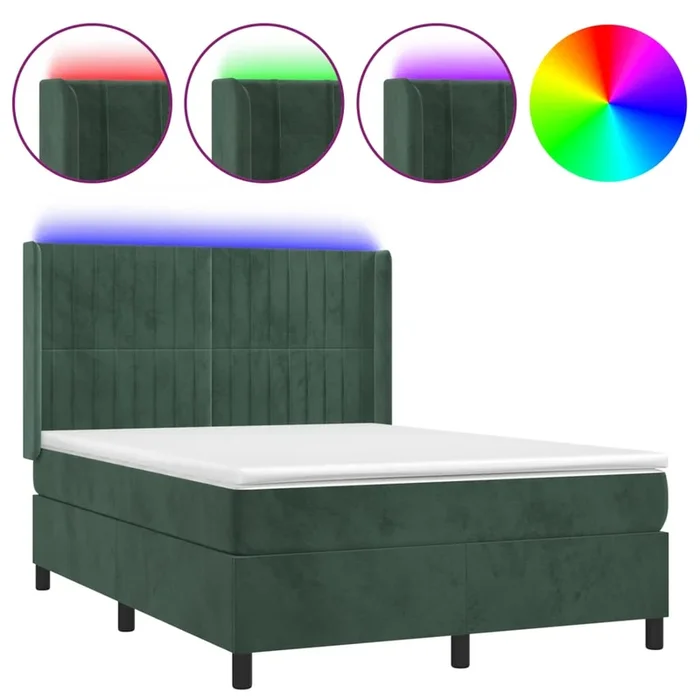 vidaXL Cama box spring colchón y LED terciopelo verde oscuro 140x190cm (5)
