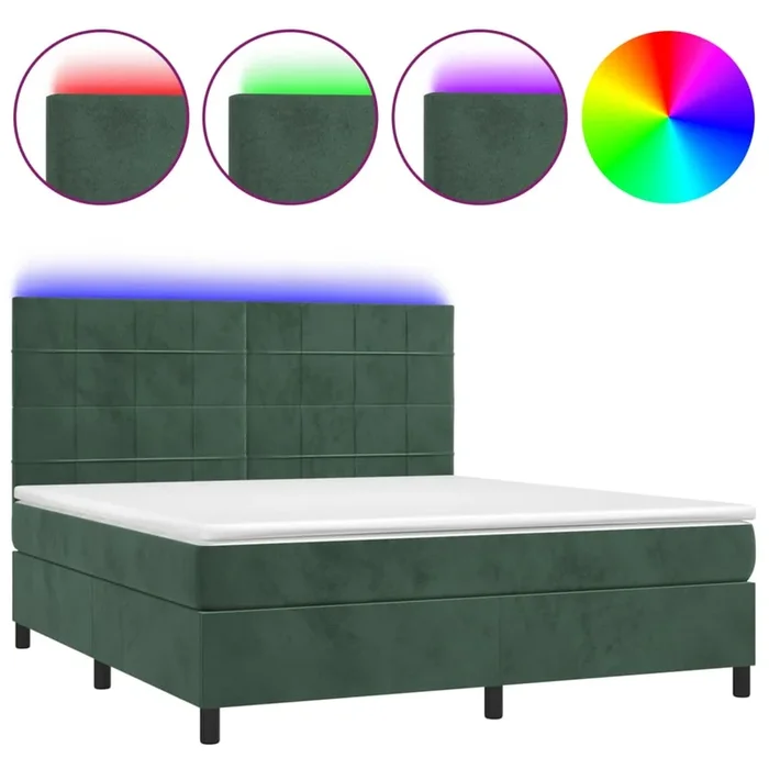 vidaXL Cama box spring colchón y LED terciopelo verde oscuro 160x200cm (10)