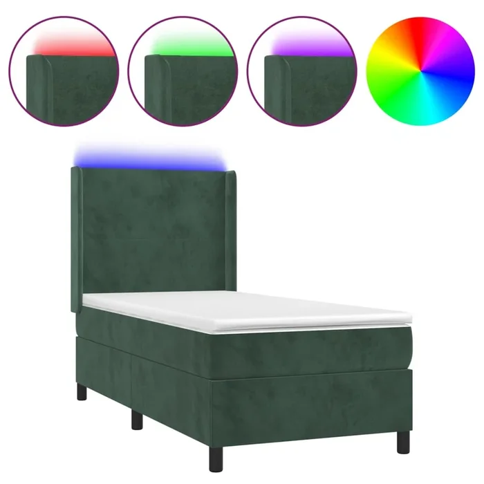 vidaXL Cama box spring colchón y LED terciopelo verde oscuro 90×190 cm (2)