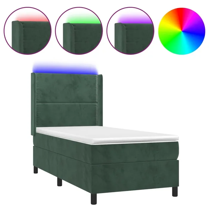vidaXL Cama box spring colchón y LED terciopelo verde oscuro 90×190 cm (3)