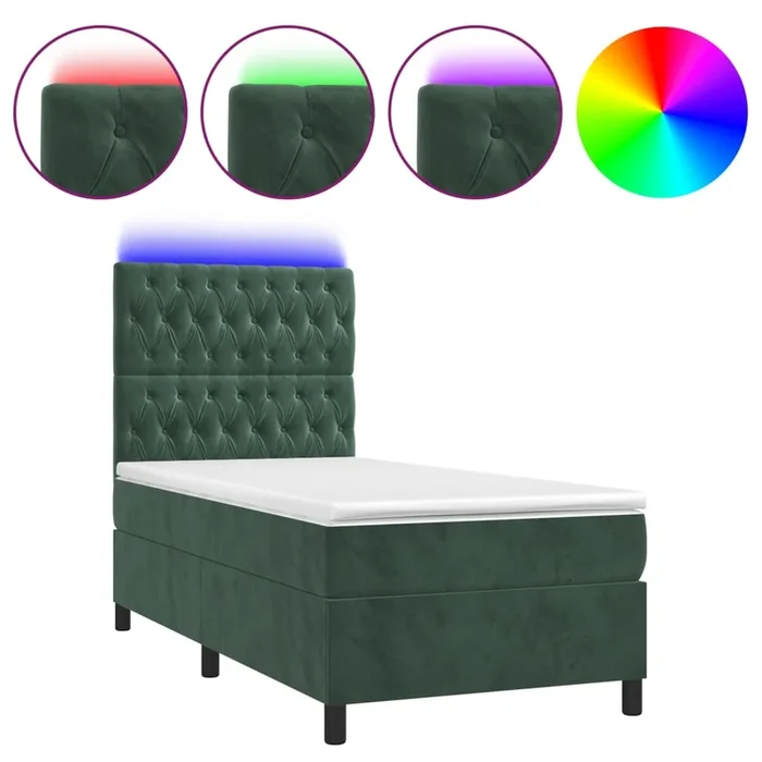 vidaXL Cama box spring colchón y LED terciopelo verde oscuro 90×190 cm (7)