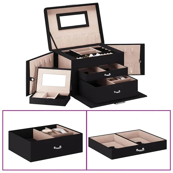 vidaXL Joyero de 3 niveles con espejo y cerradura negro 26x18x17,5 cm