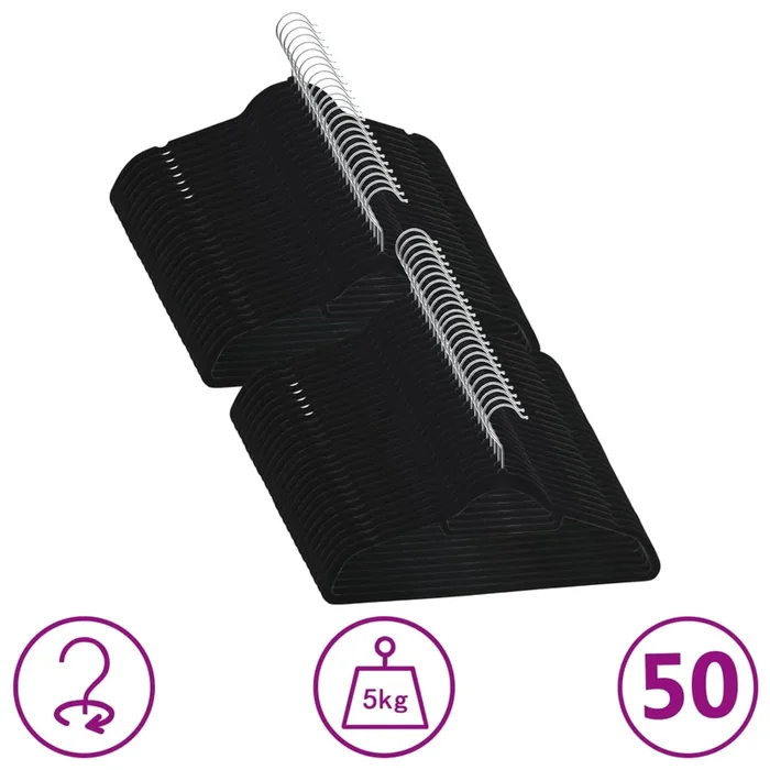 vidaXL Juego de perchas ropa 50 uds antideslizantes terciopelo negro
