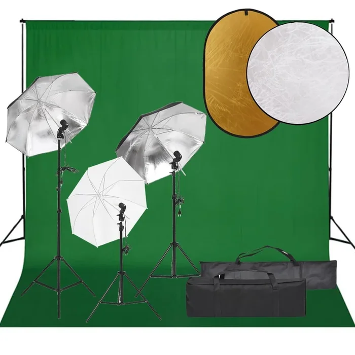 vidaXL Kit de estudio fotográfico con set de luces, fondo y reflector (35)