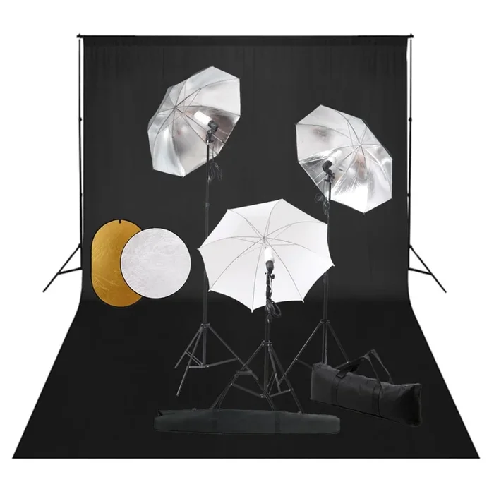 vidaXL Kit estudio fotográfico lámparas, sombrillas, fondo y reflector (5)