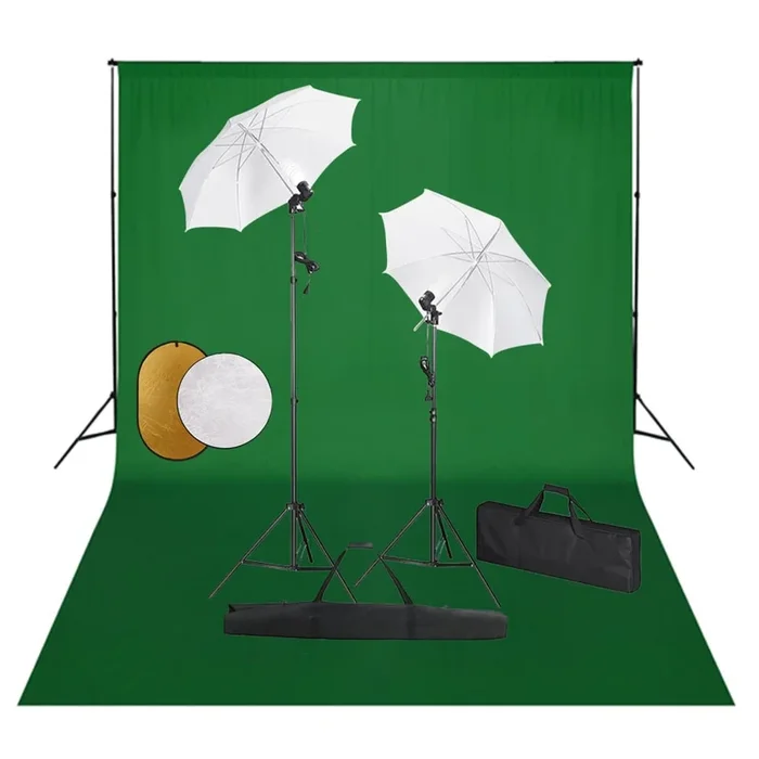 vidaXL Kit estudio fotográfico lámparas sombrillas fondo y reflector (8)