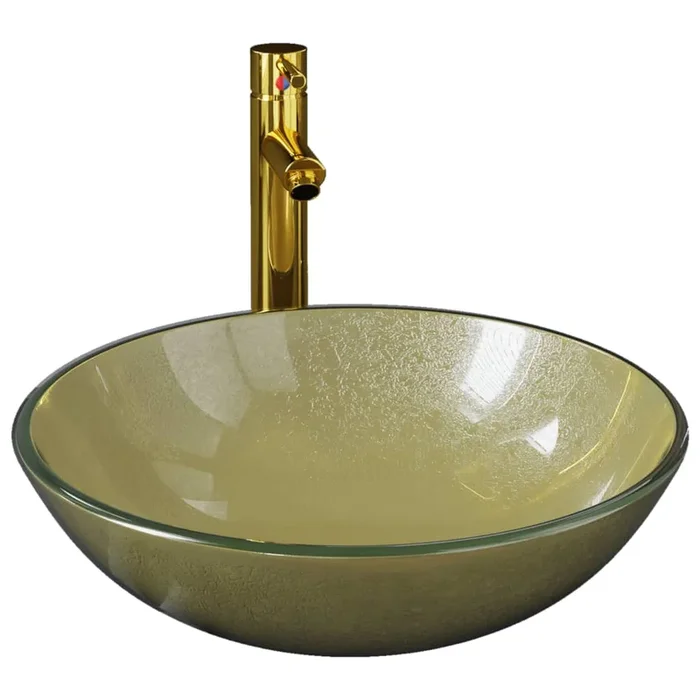 vidaXL Lavabo de baño grifo&desagüe de empuje vidrio templado dorado (5)