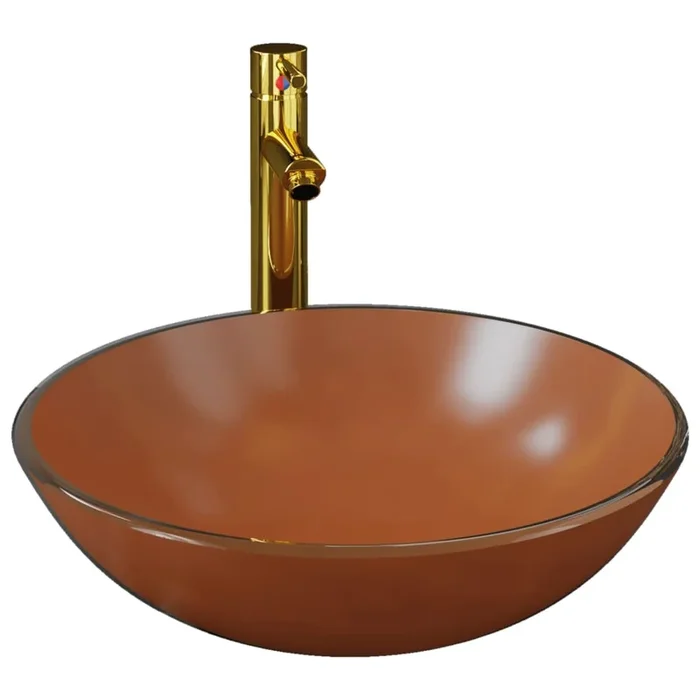 vidaXL Lavabo de baño grifo y desagüe de empuje vidrio templado marrón