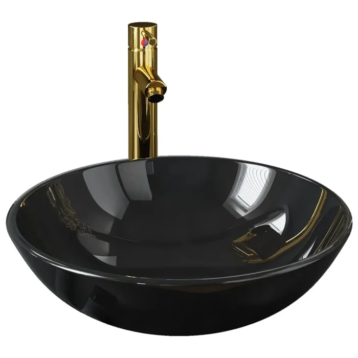 vidaXL Lavabo de baño grifo y desagüe de empuje vidrio templado negro (3)