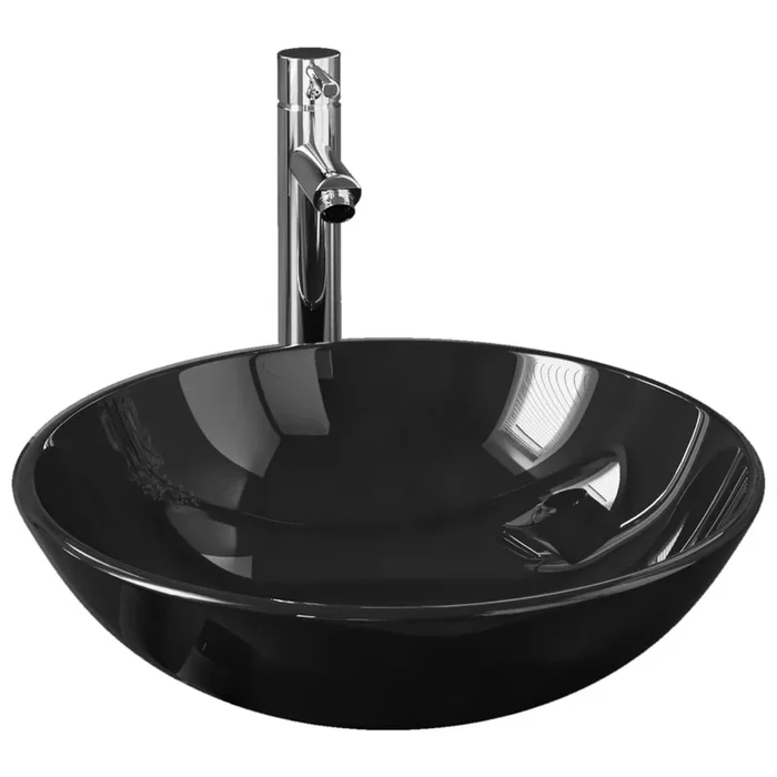 vidaXL Lavabo de baño grifo y desagüe de empuje vidrio templado negro (5)