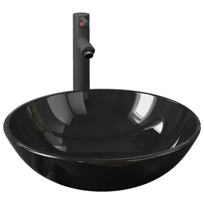 vidaXL Lavabo de baño grifo y desagüe de empuje vidrio templado negro