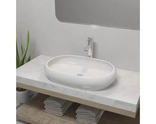 vidaXL lavabo de baño ovalado con grifo mezclador cerámica blanco | Brico Depôt Economico