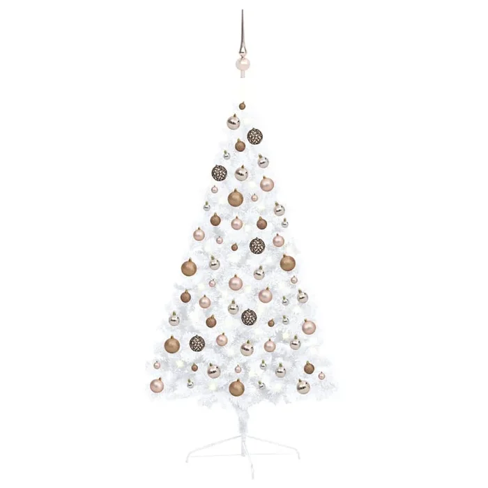 vidaXL Medio árbol de Navidad con luces y bolas blanco 120 cm