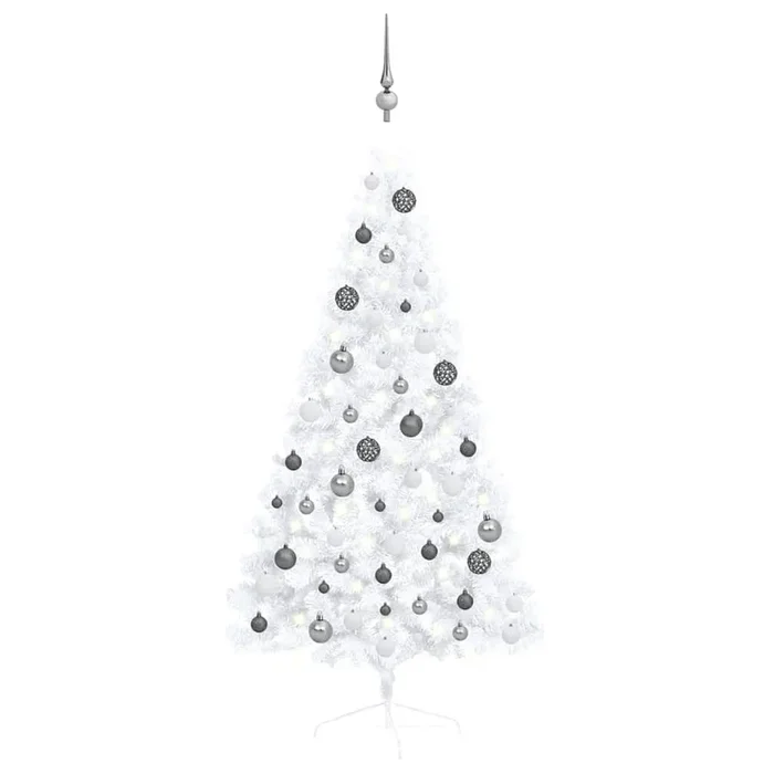 vidaXL Medio árbol de Navidad con luces y bolas blanco 150 cm (2)