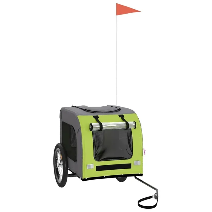 vidaXL Remolque de bicicleta mascotas hierro tela Oxford verde gris (2)
