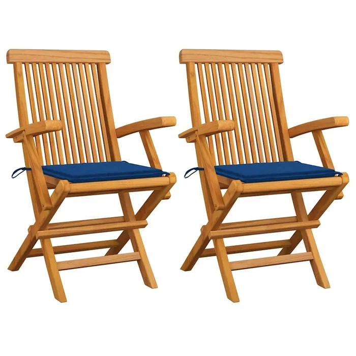 vidaXL Sillas de jardín 2 uds madera teca con cojines azul real