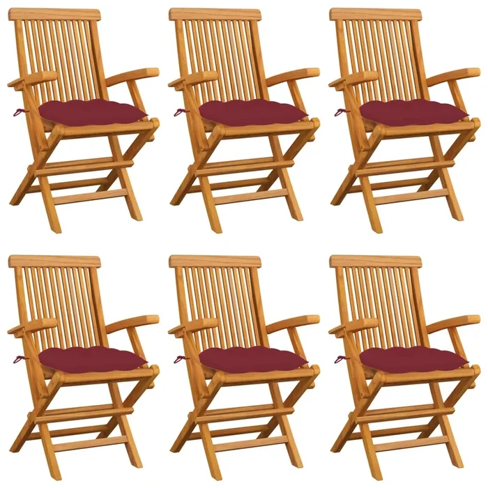 vidaXL Sillas de jardín 6 uds madera teca con cojines rojo tinto
