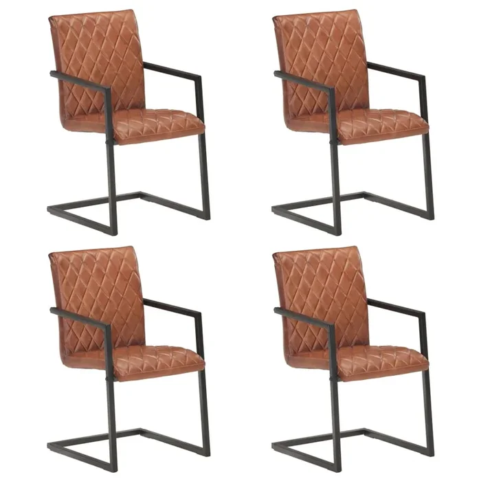 vidaXL Sillas voladizas de comedor 4 unidades cuero auténtico marrón (4)