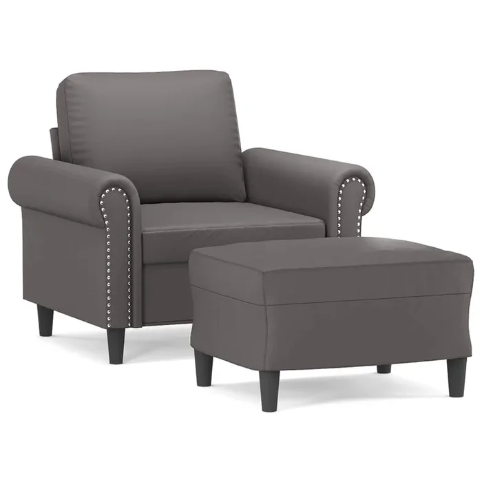 vidaXL Sillón con taburete cuero sintético gris 60 cm (4)