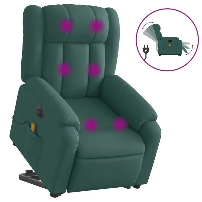 vidaXL Sillón masaje eléctrico reclinable elevable tela verde oscuro (5)