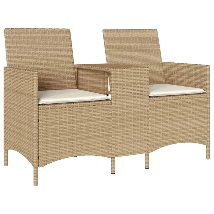 vidaXL Sofá de jardín 2 plazas con mesa y cojines ratán PE beige (2)