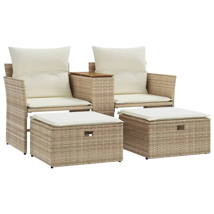 vidaXL Sofá de jardín 2 plazas con toldo y taburetes ratán PE beige (2)