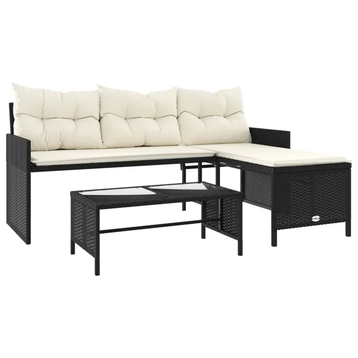 vidaXL Sofá de jardín en forma de L con mesa y cojines ratán PE negro (5)