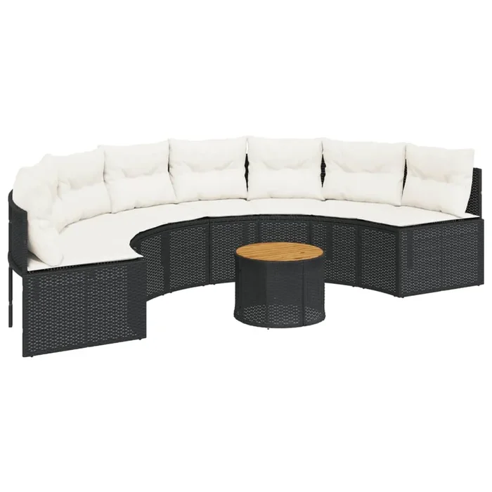vidaXL Sofá de jardín semicircular con mesa y cojines ratán PE negro (4)