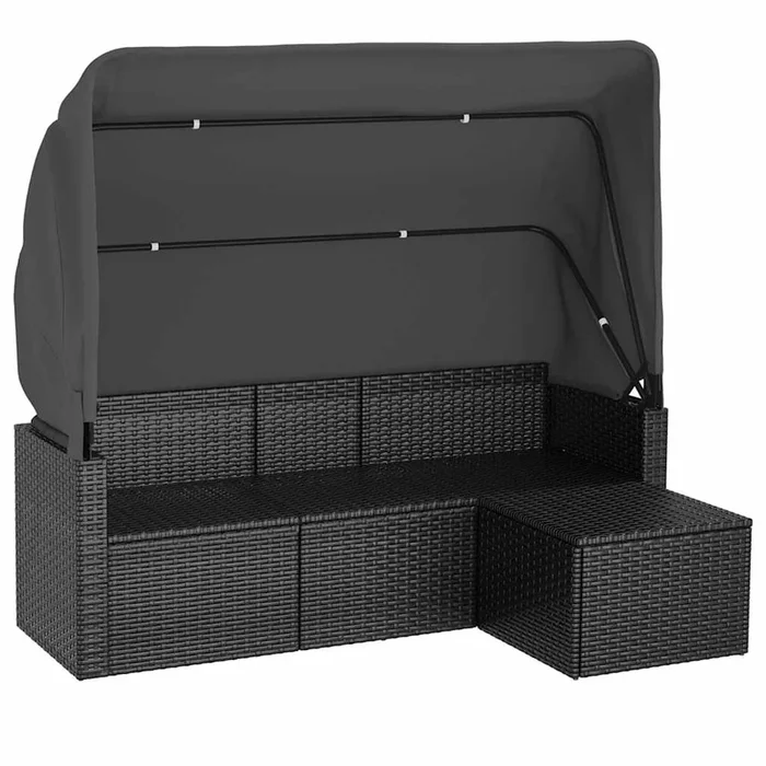 vidaXL Sofá jardin 3 plazas con toldo y taburete ratán sintético negro