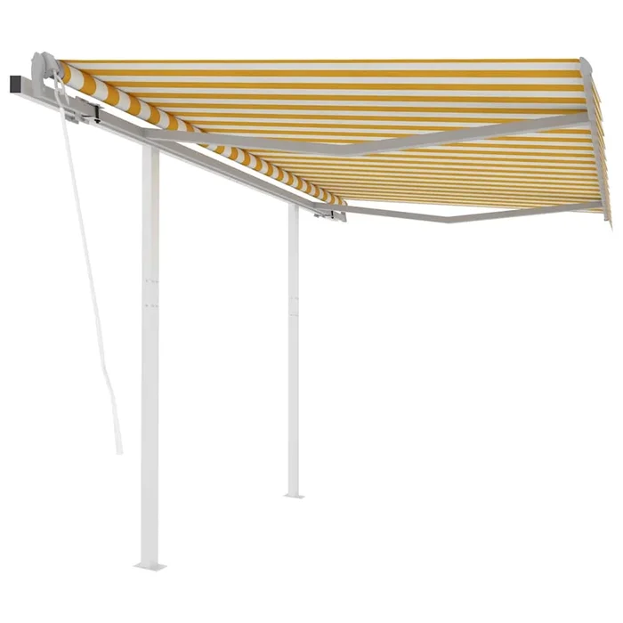 vidaXL Toldo retráctil automático con postes amarillo blanco 3,5×2,5 m