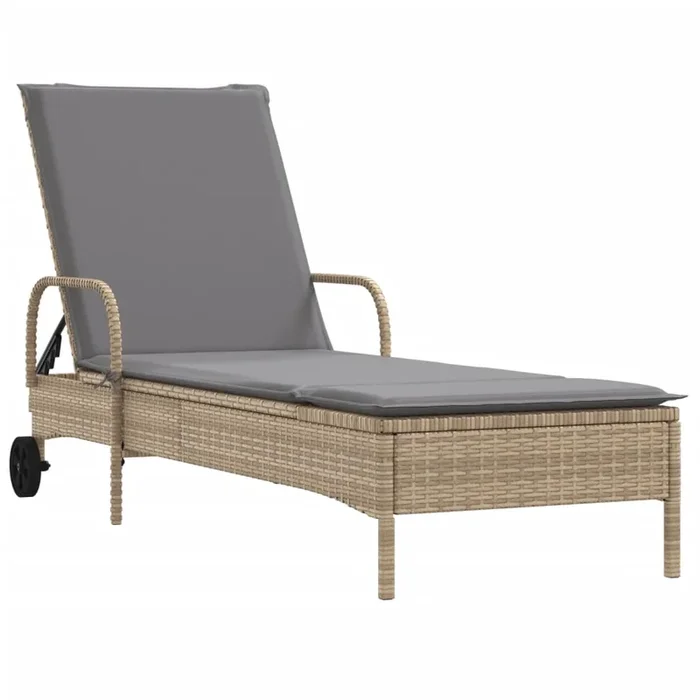 vidaXL Tumbona con ruedas y cojín ratán sintético beige (2)
