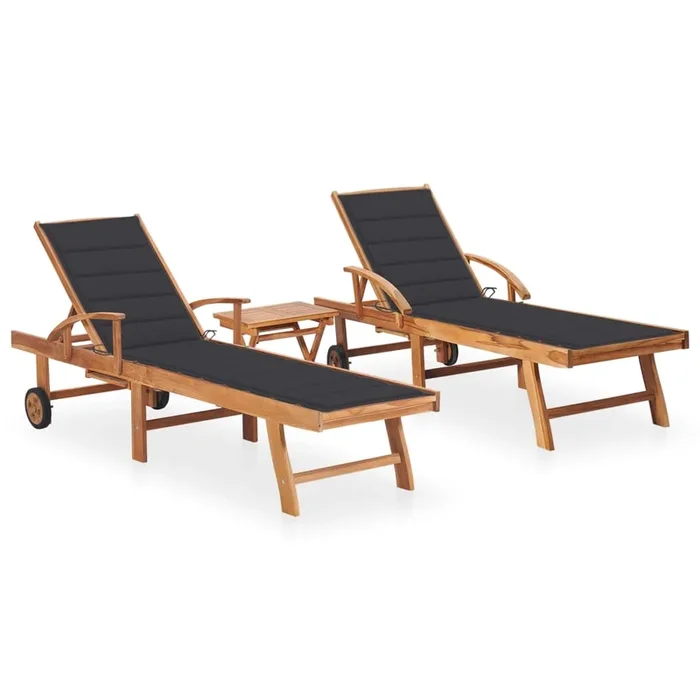 vidaXL Tumbonas con mesa y cojín 2 unidades madera maciza de teca (5)