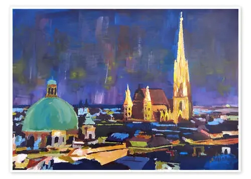 Vienna Skyline at Night with St Stephan de M. Bleichner
