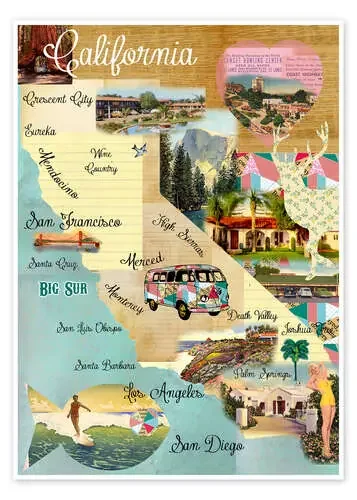 Vintage California Map Collage Poster on wooden background de GreenNest