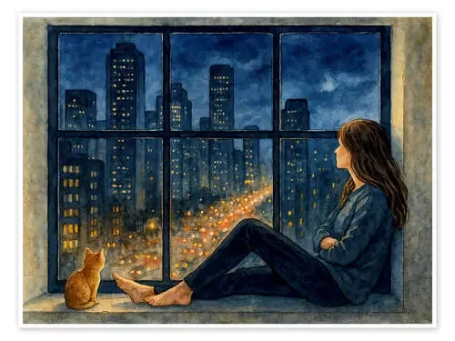 Woman and cat looking at city lights de Natalie Bruns