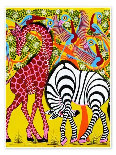 Zebra with Giraffe in the bush de Omary Tanzania Art & Licensing